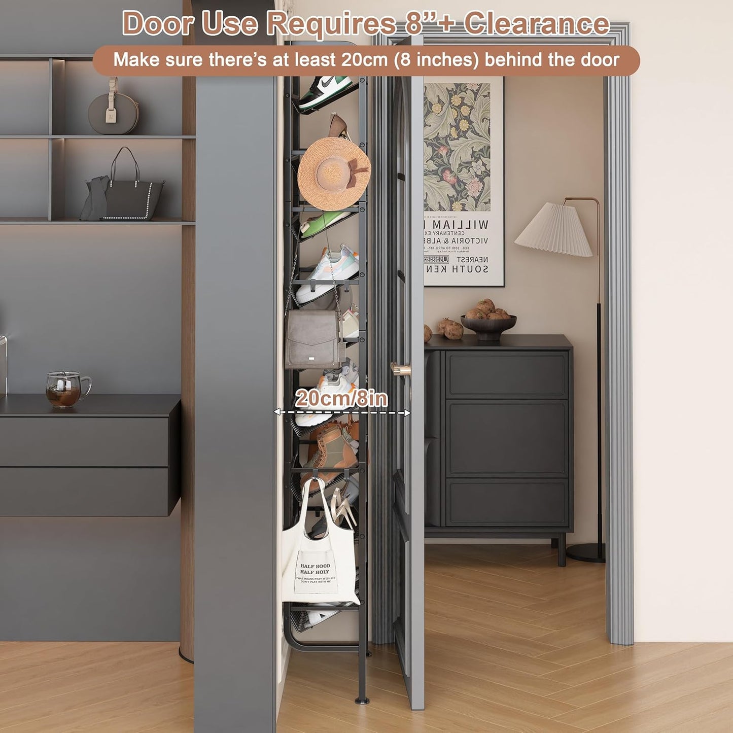 UMDONX 9 Layer Shoe Rack for 18 Pairs Shoes, Freestanding Shoe Organizer with 12 Hooks & 8 Adhesive Pads, Space-Saving Vertical Storage for Entryway and Walk-in Closet