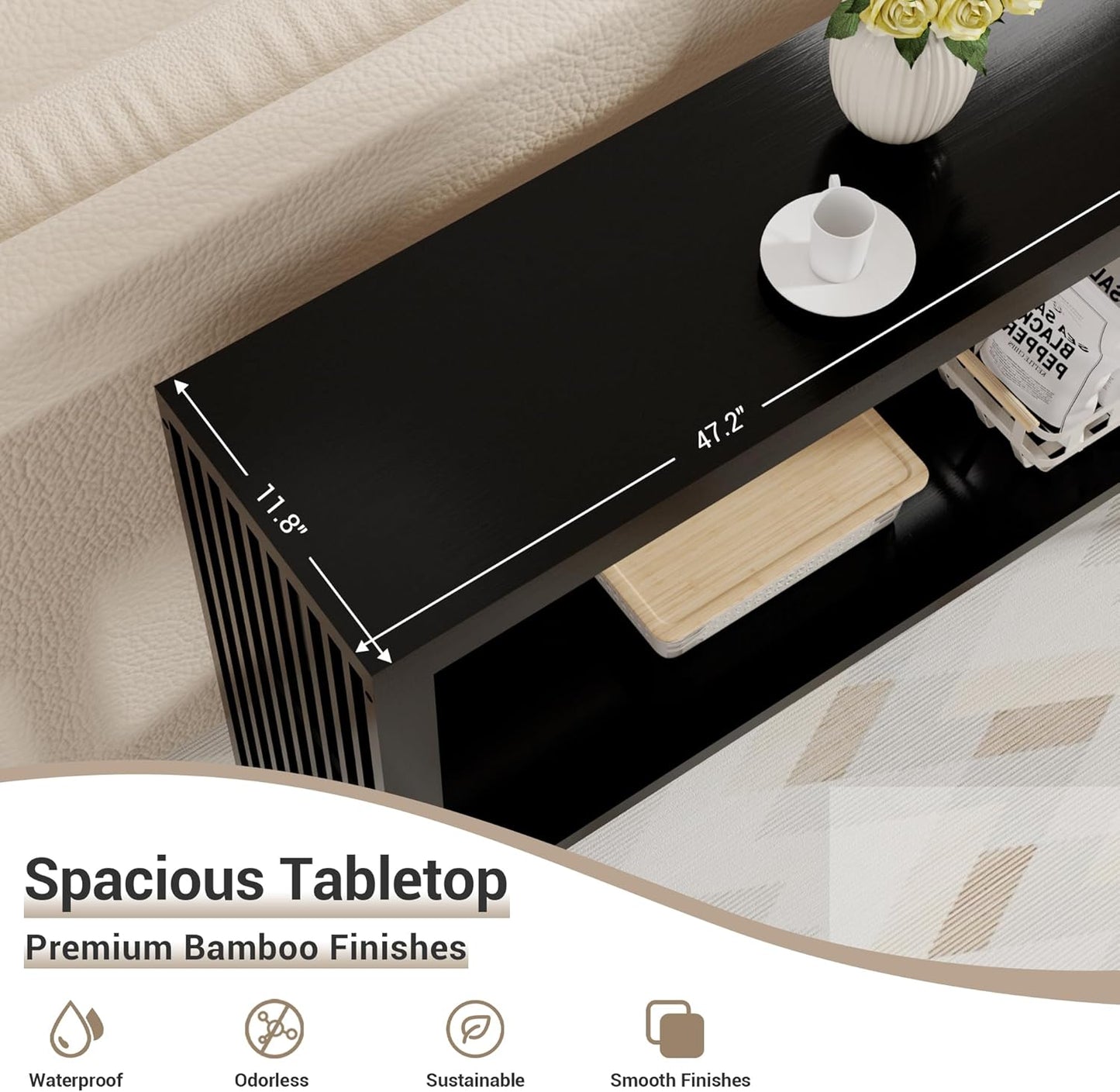 Bamboo Wood Console Table 47.2" Entryway Table, 2-Tier Farmhouse Narrow Sofa Table w/Storage Shelf, Couch Table Behind Sofa Easy Assembly for Entrance, Hallway, Living Room, Foyer(Black)