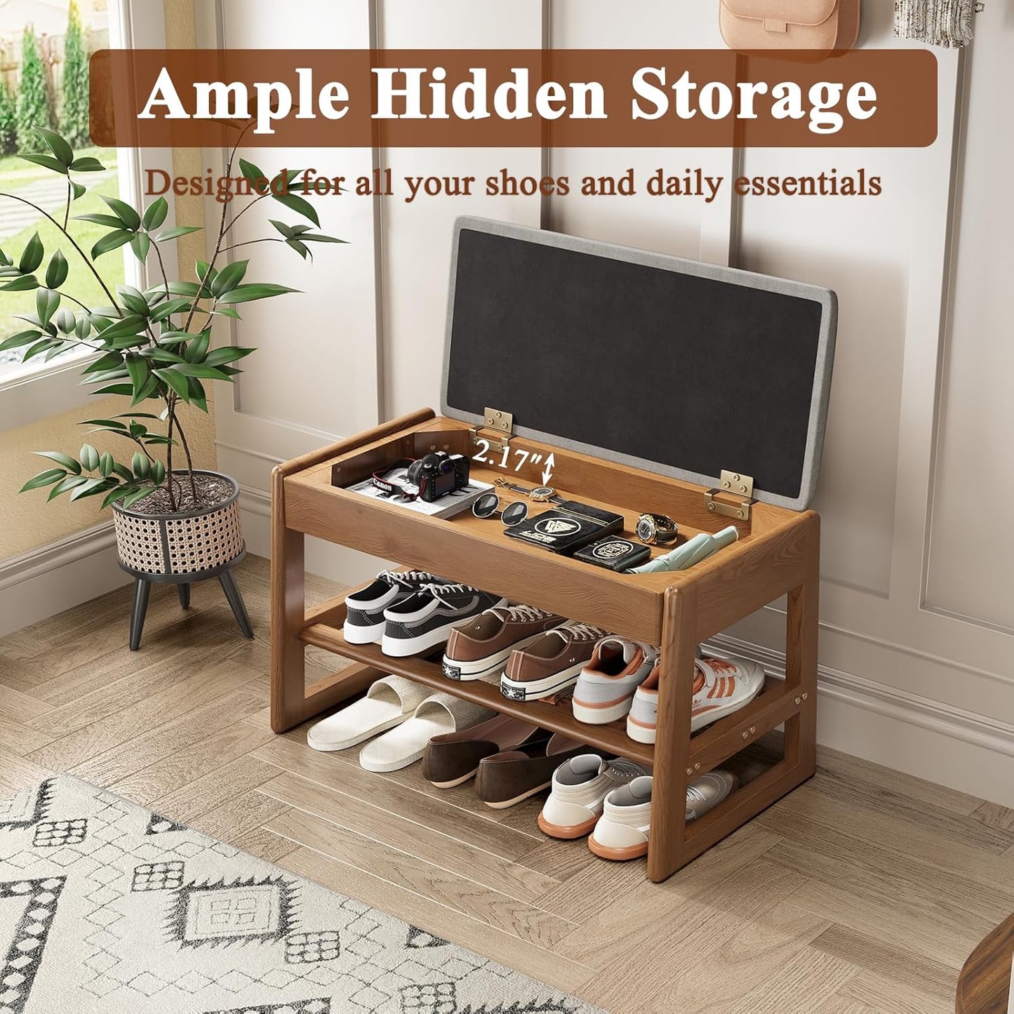 Shoe Rack Bench with Cotton-Linen Cushion 2-Tier Wooden Storage Bench 550lbs Compact Simple & Modern Design for Entryway, Hallway, Bedroom, Living Room, Closet, Front Door Entrance, Foyer