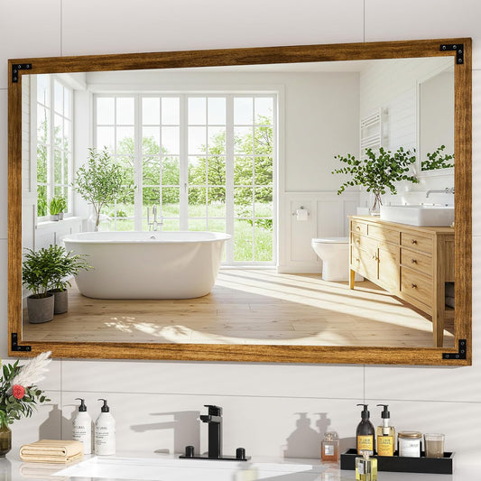 Hasipu Farmhouse Bathroom Mirror, 48"x32" Rustic Wood Framed Wall Mounted Mirror, Walnut Vintage Vanity Mirror Modern Farmhouse Style Decrative Mirrors