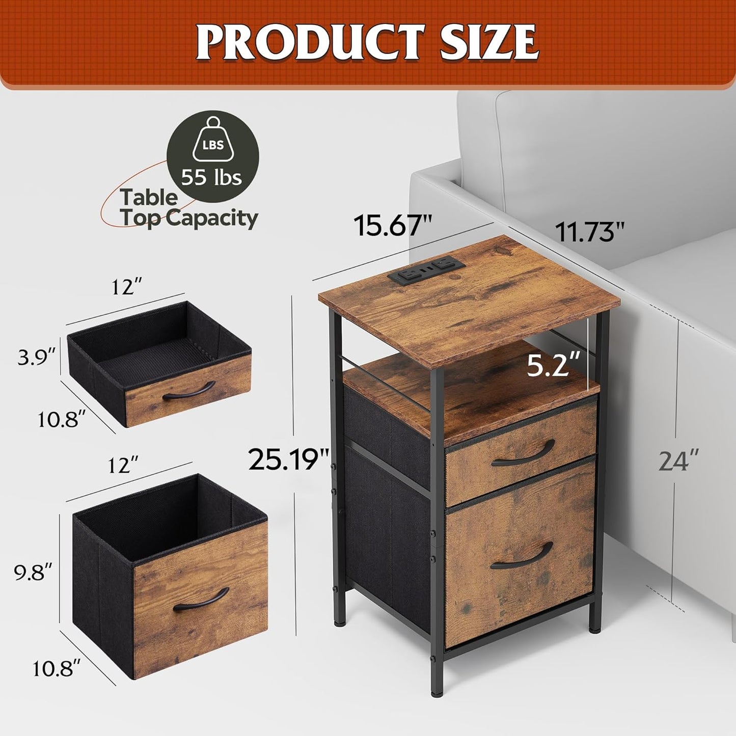 WLIVE Night Stand Set 2, Nightstand with Charging Station, Bedside Tables for Bedroom, Side Table with Fabric Drawers, USB Ports and Outlets, Rustic Brown