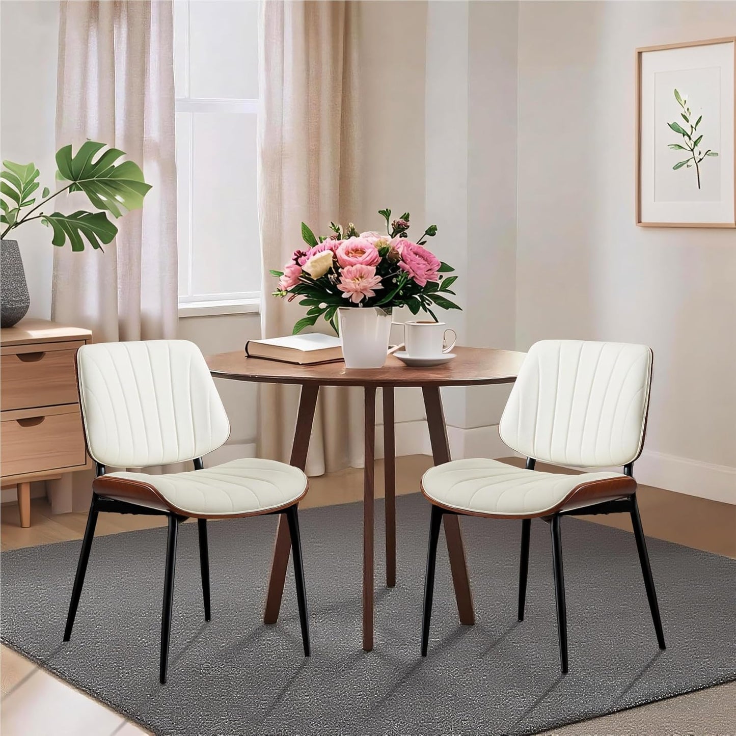 Dining Chairs Set of 2 - Mid Century Modern Upholstered Retro PU Leather Kitchen Chairs with Walnut Bentwood Back and Metal Legs for Dining Room and Kitchen, White Shell Strips