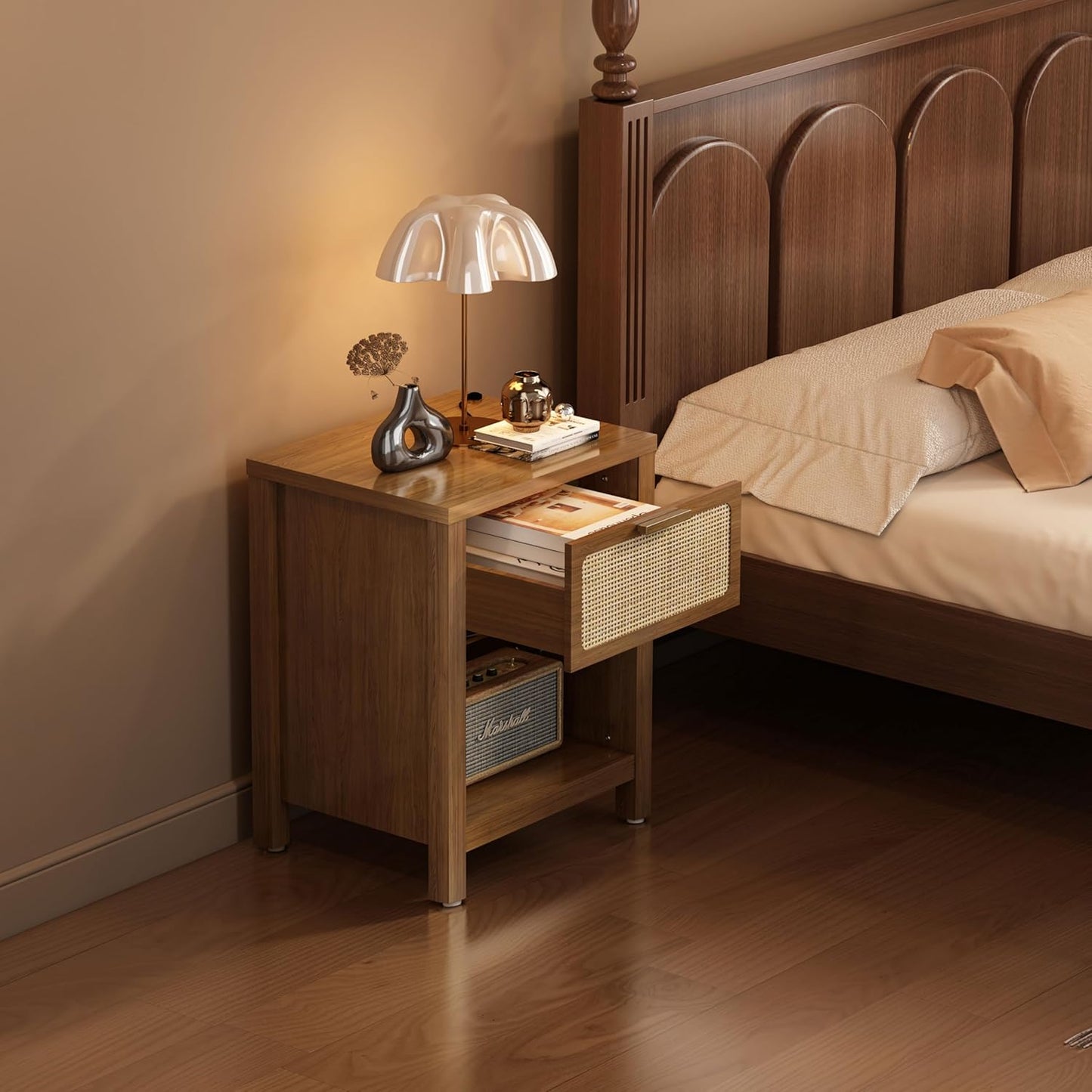 Rattan Nightstand, Mid Century Modern Bedside Table with Opening Storage,Large Side Table with Drawer,Boho Night Stand,Wooden End Table,Handmade Solid Wood Handle,Walnut CTG65BR