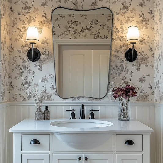 Black Bathroom Vanity Mirrors, 24 x 36 Irregular Wall Mirror with Black Trim Frame, Modern Asymmetrical Wall Mirror, Unique Shaped Decorative Mirrors for Living Room, Bedroom, Fireplace