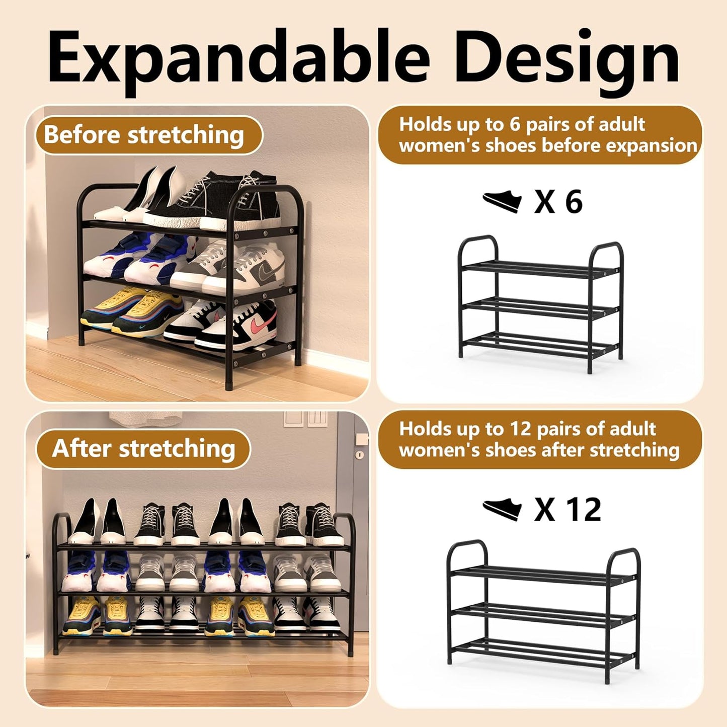 3-Tier Expandable Shoe Rack for Closet, Shoe Organizer,17”-31” Adjustable Shoe Rack,Suitable for Small Spaces,Small Front Door Wardrobe Shoe Stand,Sturdy Metal,Black
