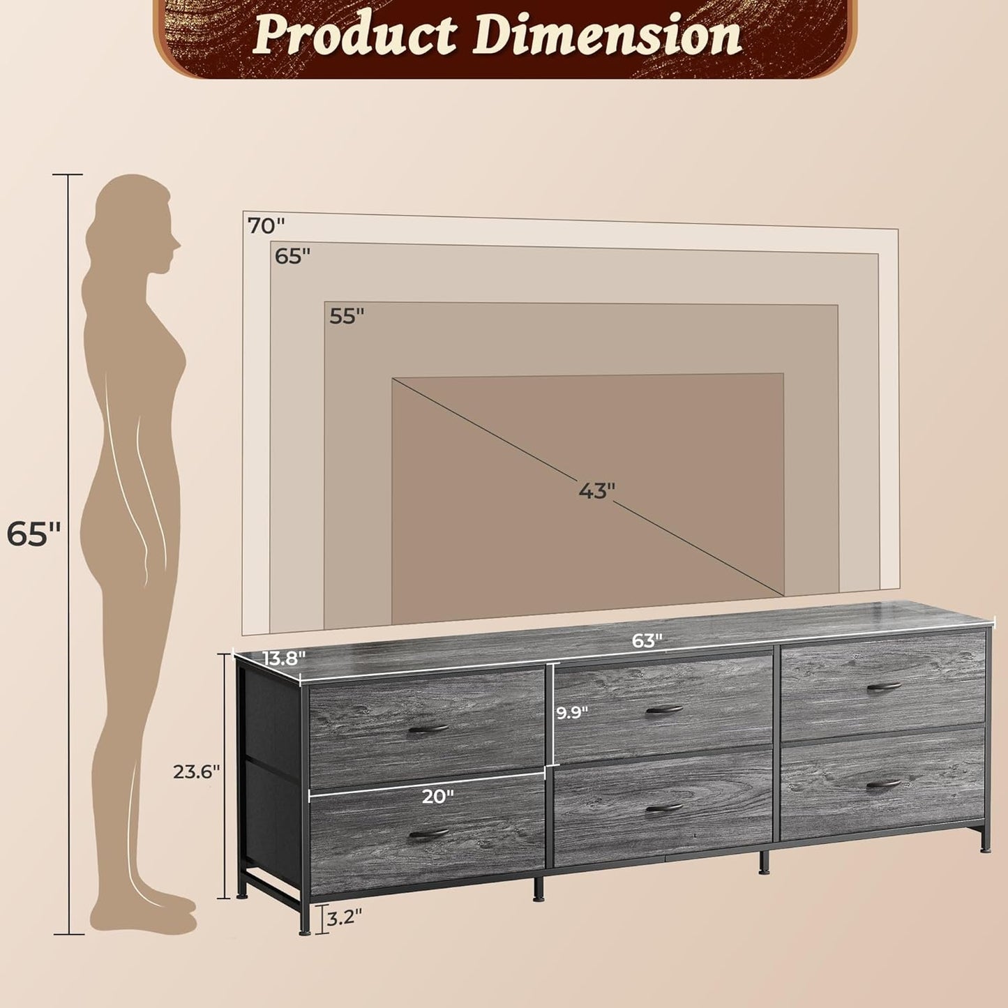 Huuger 63 Inch Long Dresser for Bedroom, Wide TV Stand for 55, 65, 70 Inch TV, 6 Drawer Dresser for Closet with Fabric Drawers, Storage Organizer for Bedroom, Entryway, Grey