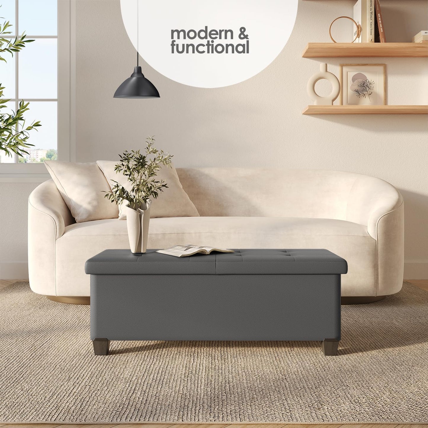 STORAGEBUD Storage Ottoman Bench with Bins, 43-in Storage Bench for Bedroom End of Bed, Folding Foot Rest Ottoman for Living Room Max 660lbs, Faux Leather Ottomans, Grey