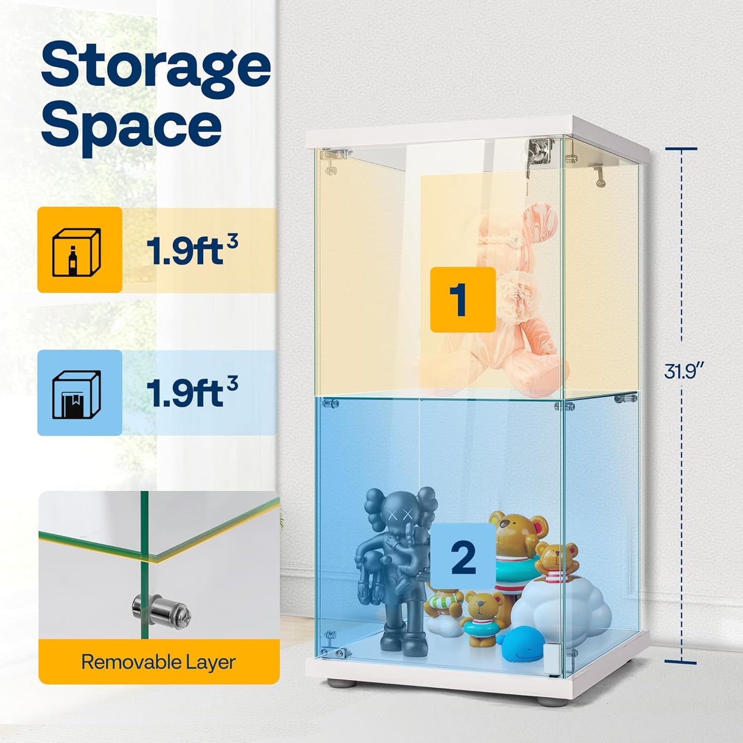 VIVOHOME 2 Layers 15.7''W x 15.7''D x 31.9''H Glass Display Cabinet Showcase Countertop with Lock, Tempered Glass 25mm MDF Base