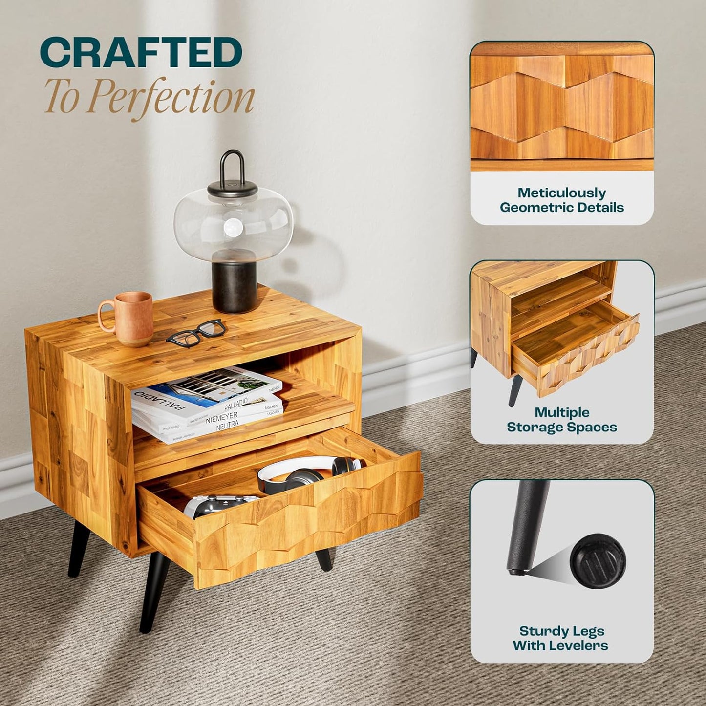 Bme Georgina Solid Wood Nightstand With 1 Drawer & Open Shelf- Fully Assembled Mid Century Modern Side Table - Geometric Pattern Bedside Dresser for Bedroom and Living Room