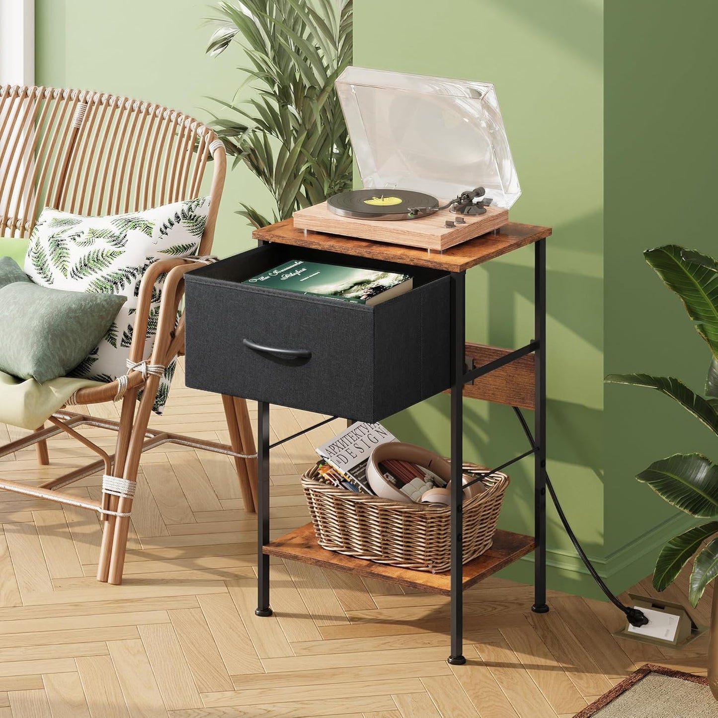 WLIVE Nightstand with Charging Station, Night Stand with 1 Fabric Drawer and Open Shelf, 25" H Bed Side Table for Bedroom, End Table, Small Dresser for Dorm, Entryway, Black and Rustic Brown