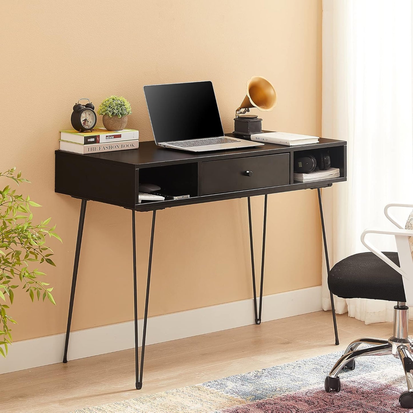 VECELO 39.3" Home Office Work Table with Drawers,Computer Desk with Hairpin Leg for Writing/Study,Black