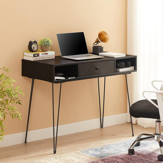 VECELO 39.3" Home Office Work Table with Drawers,Computer Desk with Hairpin Leg for Writing/Study,Black