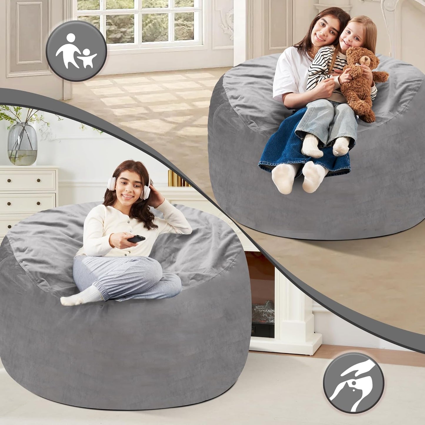 Homguava 4 FT Bean Bag Chair: 4' Bean Bags with Memory Foam Filled, Large Beanbag Chairs Soft Sofa with Dutch Velvet Cover-Light Grey