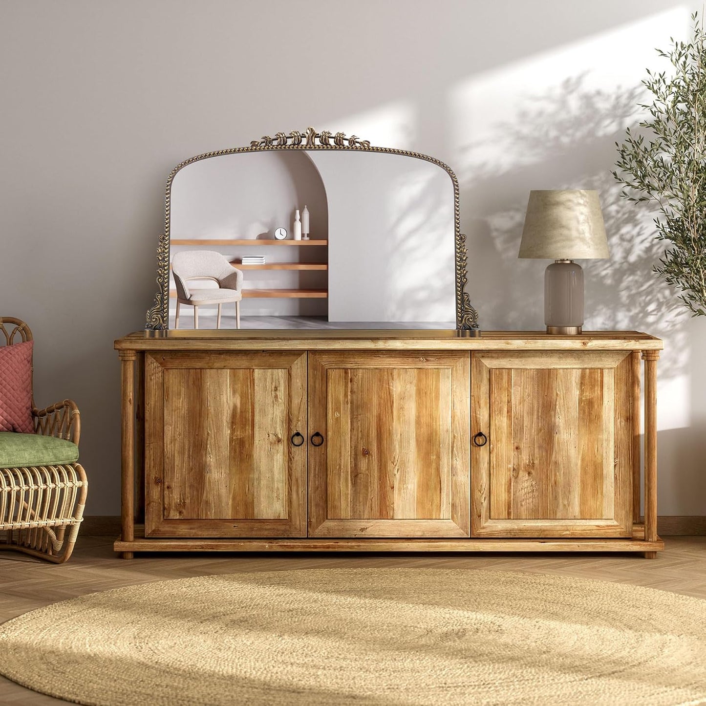 36"x23" Vintage Baroque Arched Wall Mirror, Ornate Antique Brass Wood Frame Decorative Mirror, Large Victorian Style Bathroom Mirror for Living Room, Fireplace, Entryway & Hallway