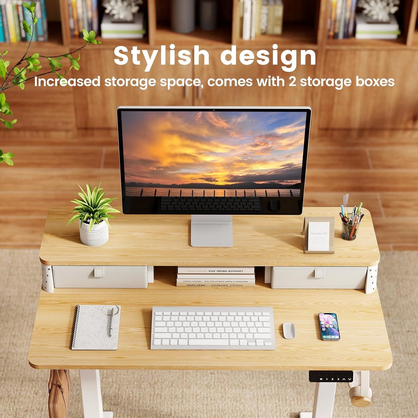 Small Standing Desk with Drawers and Brushless Motor,Electric Sit Stand Desk for Walking Pad,Ergonomic Stand Up Desk for Home Office & Gaming,3 Memory Height Preset & Hooks(35" x 20", Oak)