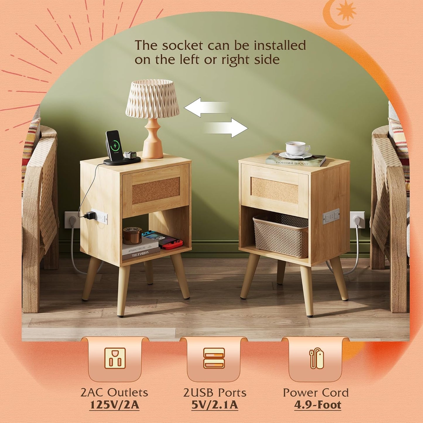 WLIVE Rattan Nightstand with Charging Station, Boho Night Stand, Small Bedroom Side Table, End Table with Drawer and Storage, Wood Bedside Tables for Bedroom, Small Spaces, Natural Oak