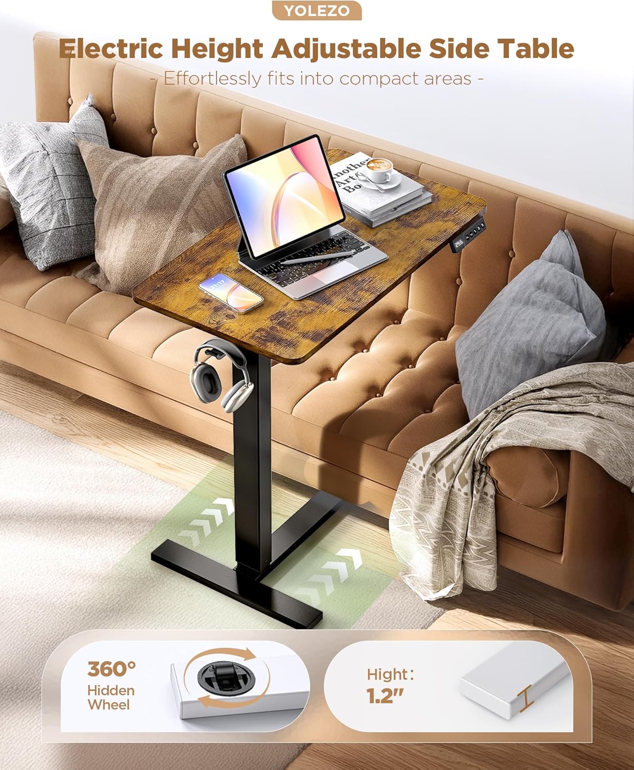 Electric Adjustable Height Standing Desk - Small Sit Stand Portable Rolling Laptop Table with Hidden Wheels, Small Computer Workstation for Bedside & Home Office Use (28"x16",Rustic Brown)