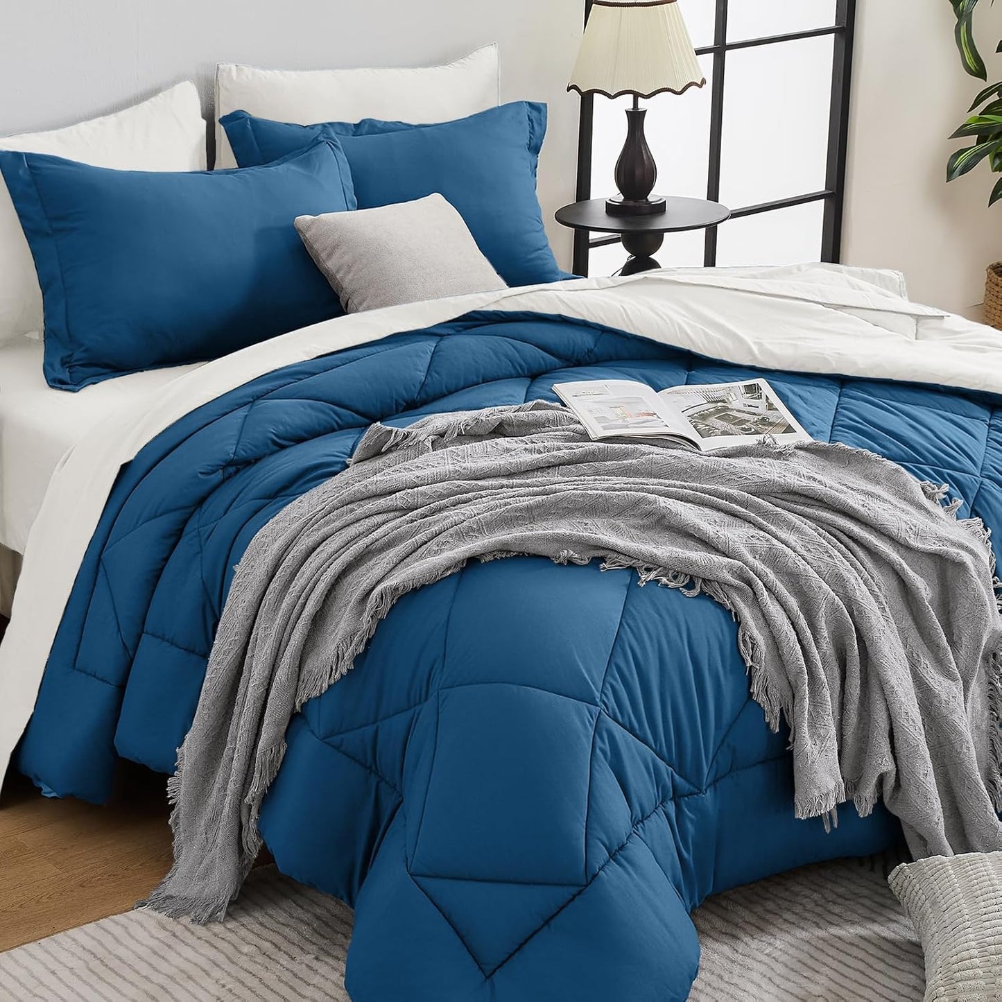 HEVUMYI Teal Blue & Ivory Twin Comforter Set - 5-Piece All Season Bed in a Bag Twin, Ultra Soft Bedding Set with Comforter, Flat Sheet, Fitted Sheet, Pillowcases, Pillow Shams, Teal Blue & Ivory