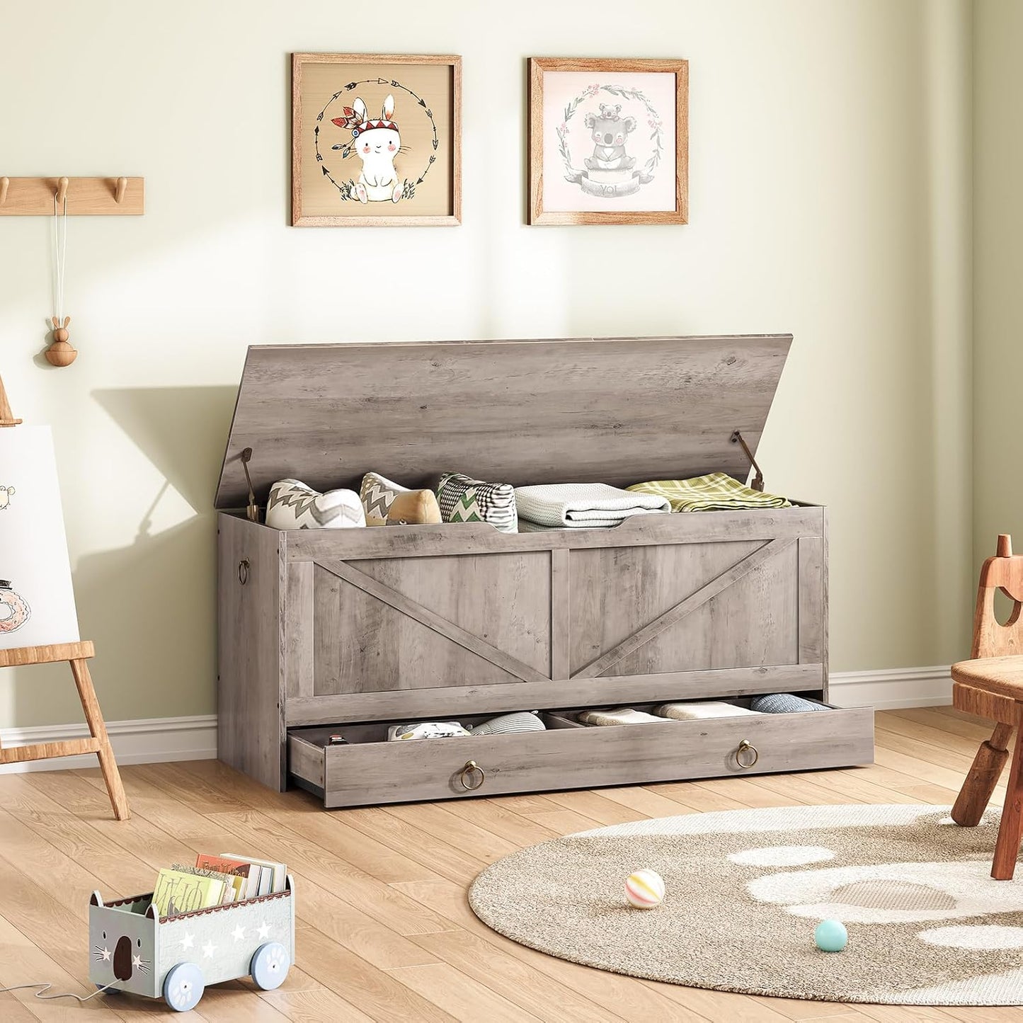 HOOBRO Storage Chest, 43.3" Toy Chest with Drawer, Wooden Storage Bench, Sturdy Entryway Bench Supports 220 lb, Shoe Bench, Safety Hinge, U-Shaped Opening, Easy Assembly, Greige BG711CW01G1