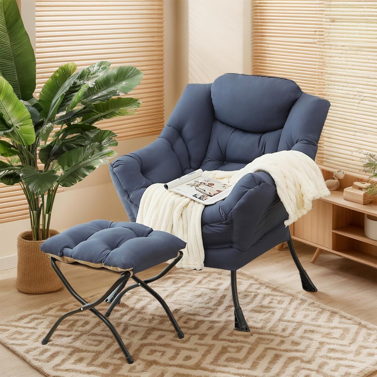Lazy Chair with Ottoman, Large Modern Lounge Accent Chair with Armrests and Footrest, Reading Armchair with Ottoman, Leisure Sofa Chair for Living Room, Bedroom, Dorm Room, Office (Navy)