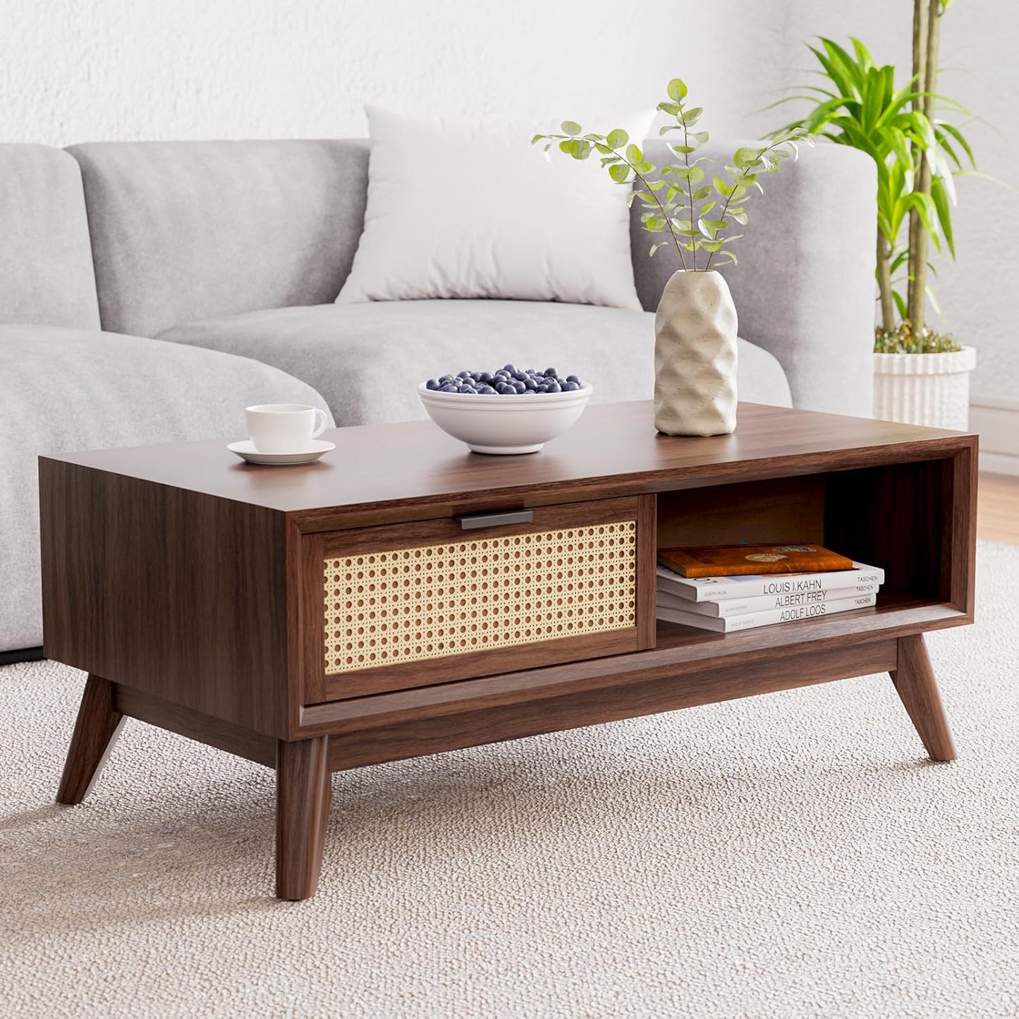 Bme Modern Solid Wood Coffee Table with Storage, Accent Rattan Design, Perfect for Living Room, Walnut, Medium