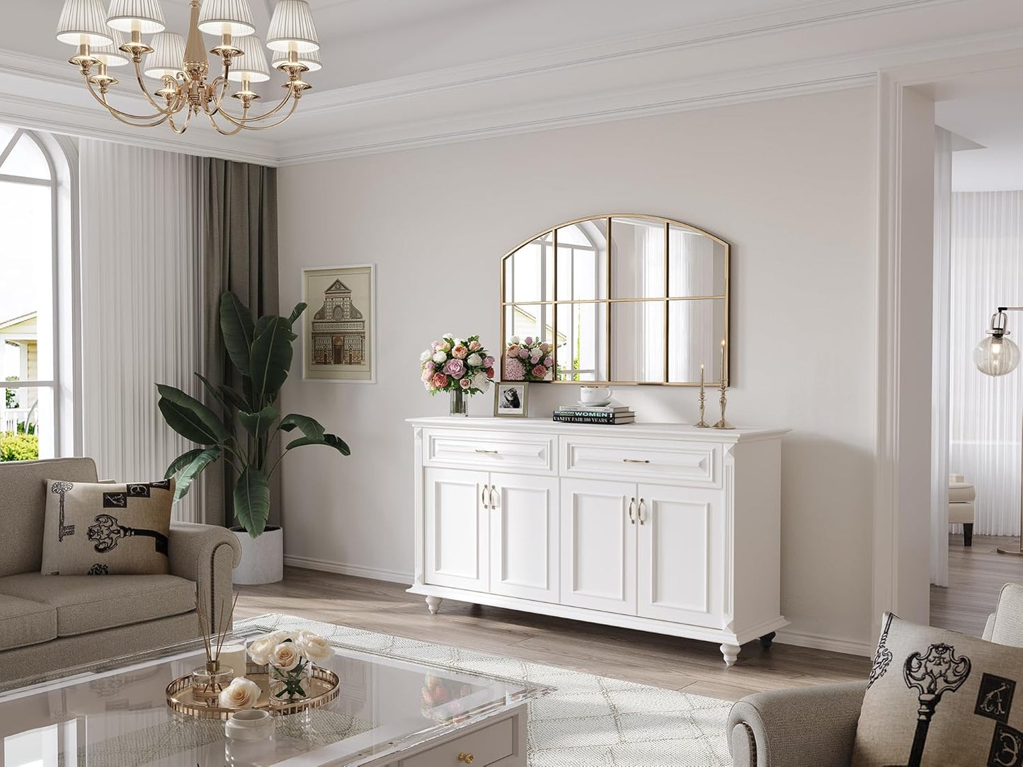 Wide Arched Mirror, 36" x 24" Gold Window Mirror, Antique Brass Farmhouse Mirrors for Living Room Dining Room Bedroom Fireplace Hallway Entryway