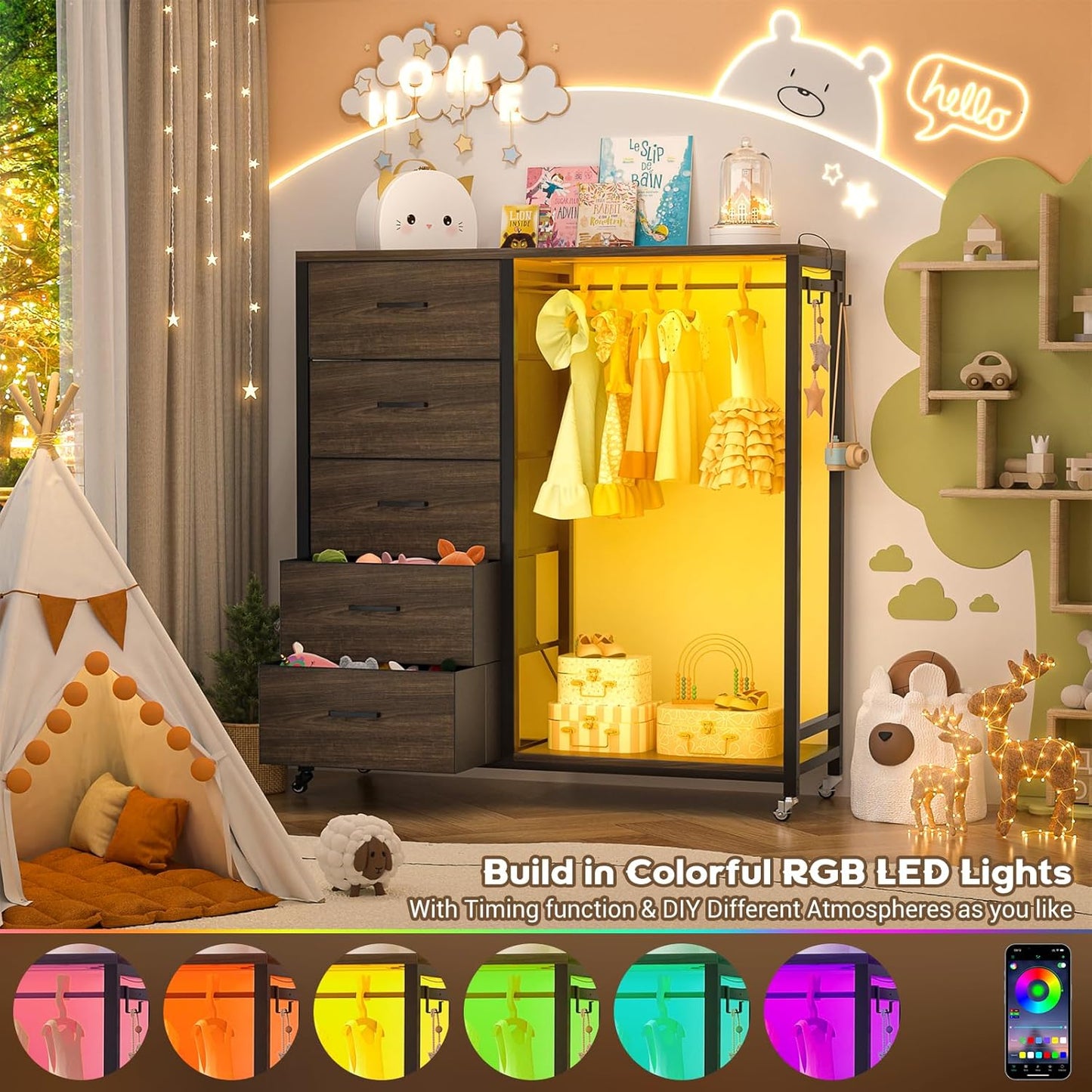 Cyclysio Dresser for Bedroom with Clothes Rack, 5 Fabric Drawers Dresser with Charging Station & LED Lights, Storage Chest of Drawers, Wooden Top, Bedroom, Closet, Red Oak