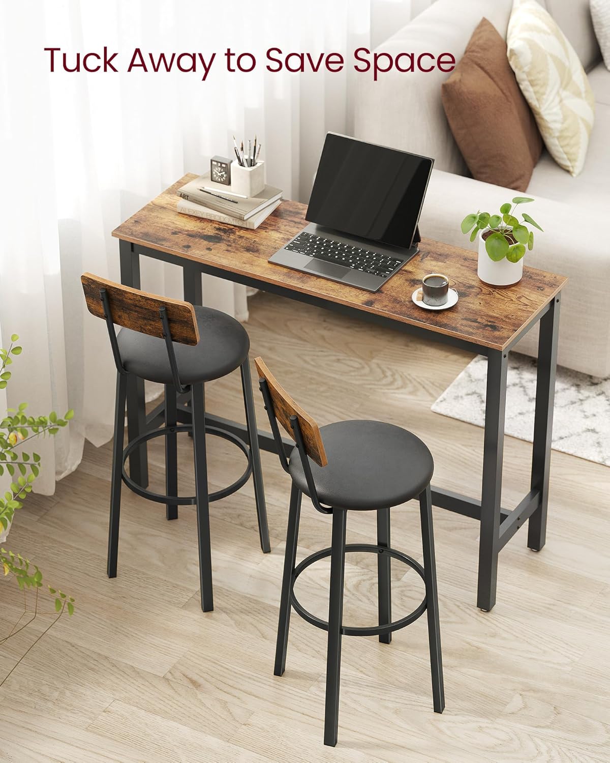 VASAGLE Bar Stools, Set of 2 PU Upholstered Breakfast Stools, 29.7 Inches Barstools with Back and Footrest, Simple Assembly, for Dining Room Kitchen Counter Bar, Rustic Brown and Black ULBC069B81