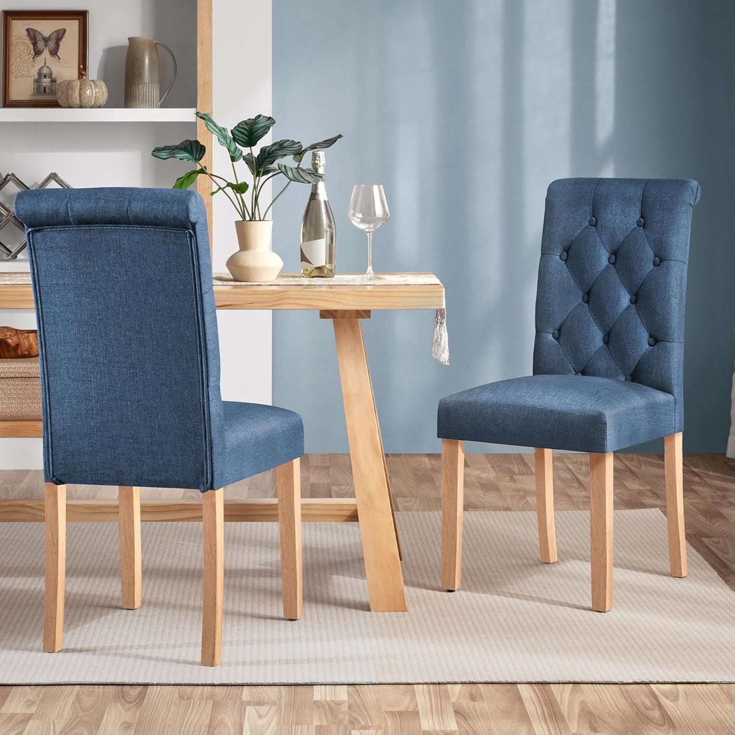 Yaheetech Dining Chairs Set of 4 Fabric Upholstered Dining Room Chairs with Button Tufted High Back and Solid Wood Legs for Kitchen/Living Room/Restaurant, Modern Style, Blue