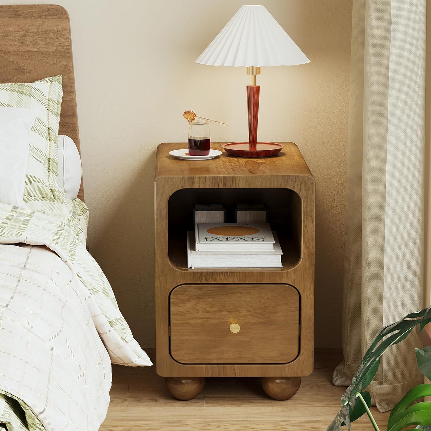 Solid Wood Nightstand, Narrow Night Stand with Drawers, Walnut Mid Century Modern Nightstand, Small Beside Table with Open Storage Shelf for Bedroom (12 inch)