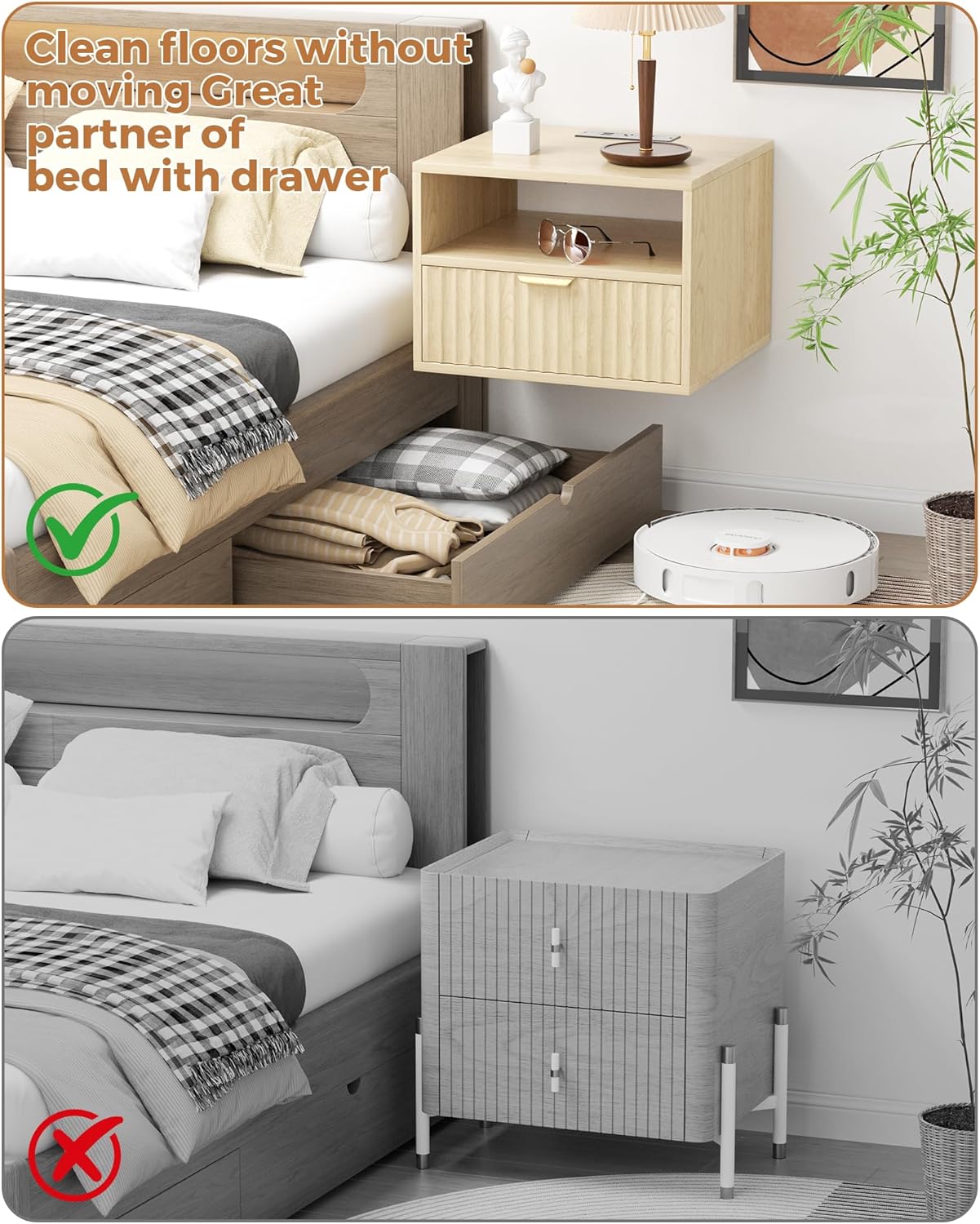 Floating Nightstand Set of 2 - Fluted Night Stand with Charging Station Wood Wall Mounted Nightstand with Drawer & Open Shelf, Modern Bedside Table Large End Table for Bedroom Closet