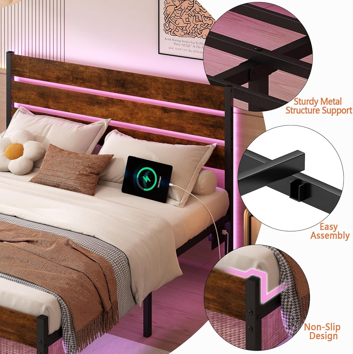 Full Size Bed Frame with Headboard,Heavy Duty LED Bed Frame with USB Charging Station,Mattress Foundation-Under Bed Storage, No Box Spring Needed, Noise Free,Brown