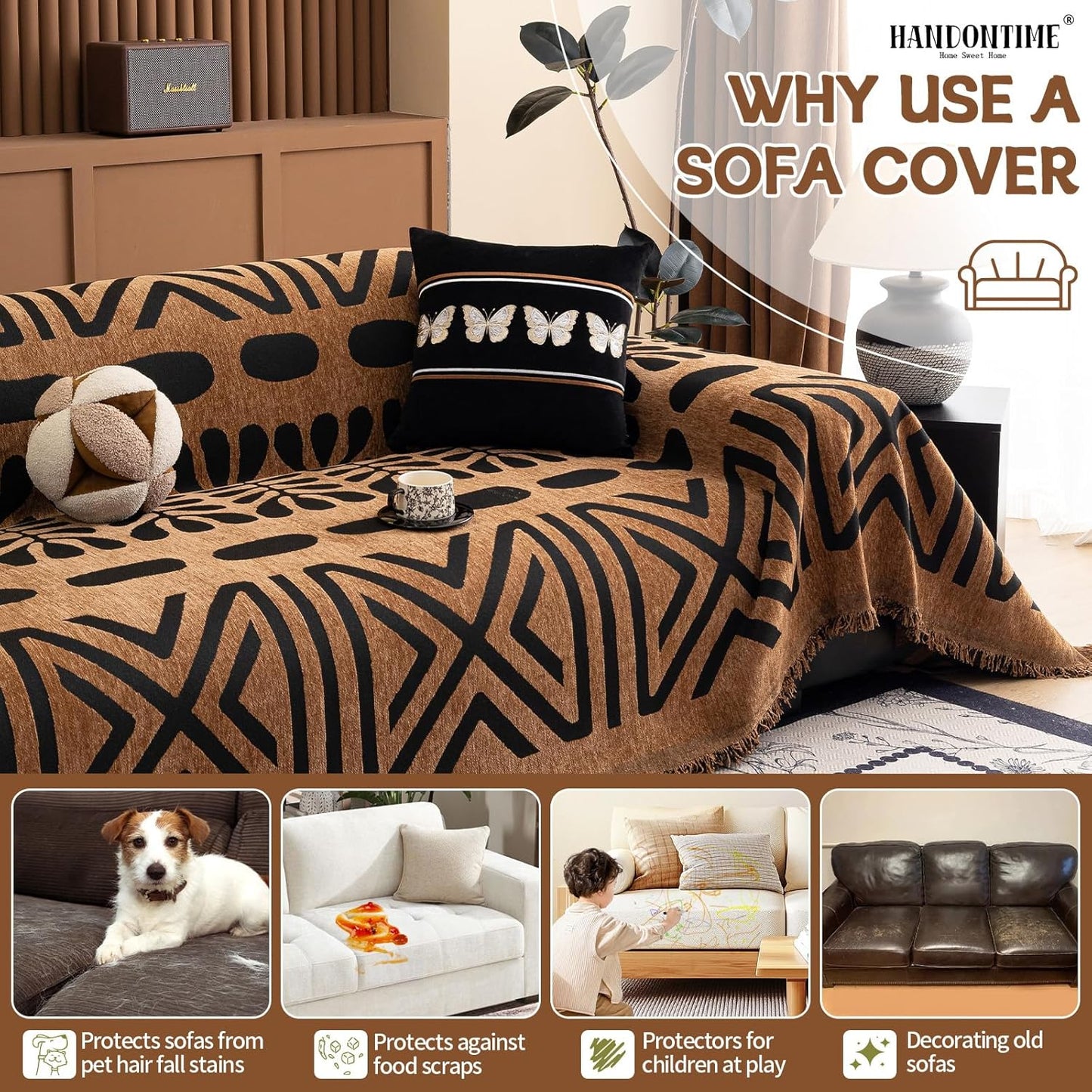 HANDONTIME Boho Couch Cover Geometric Striped Pet Covers for Couches and Sofas Copper Brown and Black Dog Cover for Couch Pet Friendly Chenille Sectional Sofa Covers for Pets Washable, 71" X 118"