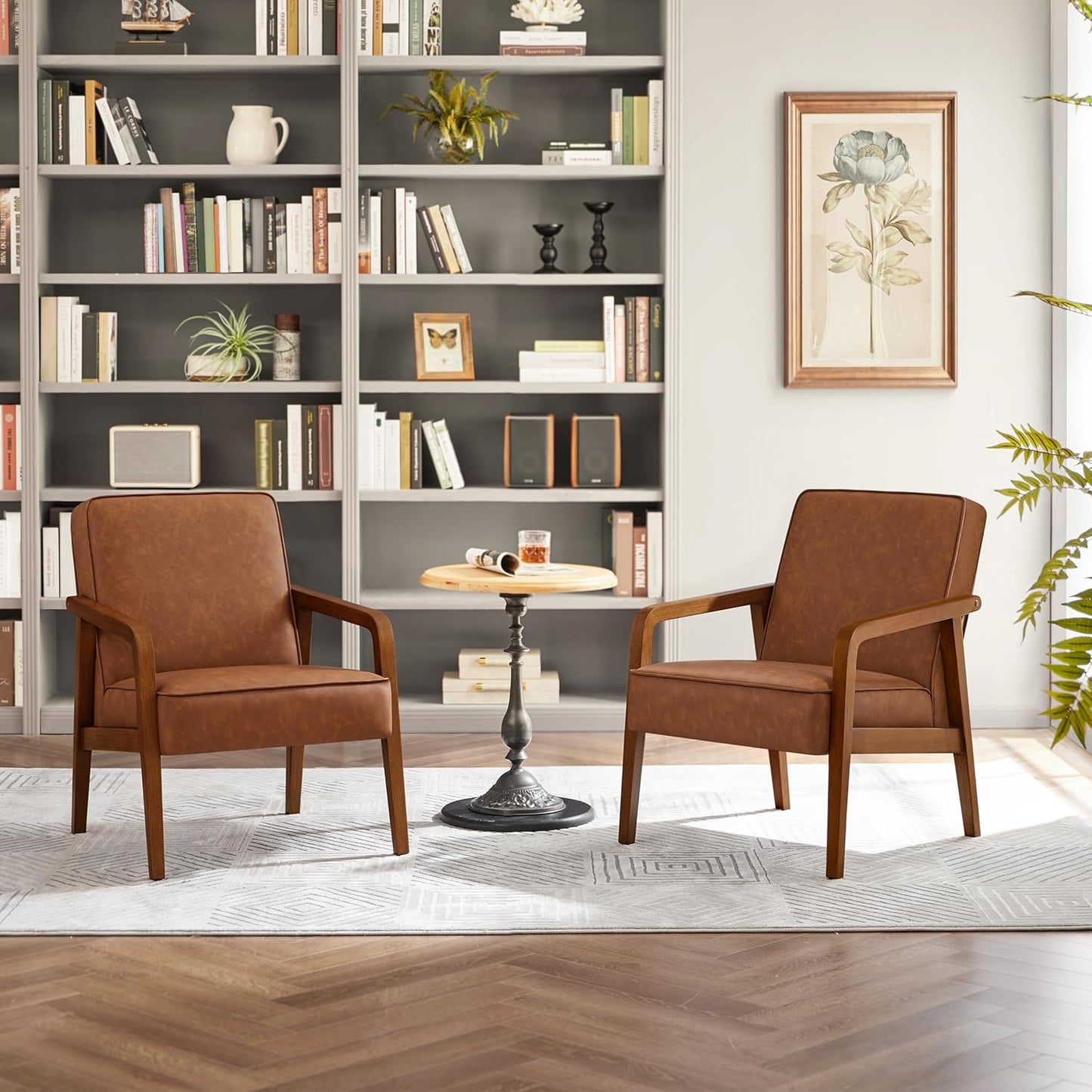 Yaheetech PU Leather Accent Chair, Mid-Century Modern Barrel Chair with Wooden Frame and Soft Thick Padded for Living Room Bedroom Home Office, 2 PCS, Light Brown