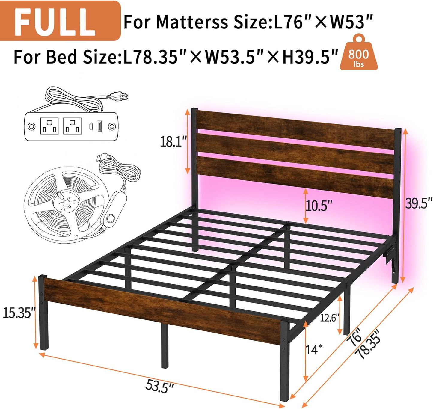 Full Size Bed Frame with Headboard,Heavy Duty LED Bed Frame with USB Charging Station,Mattress Foundation-Under Bed Storage, No Box Spring Needed, Noise Free,Brown