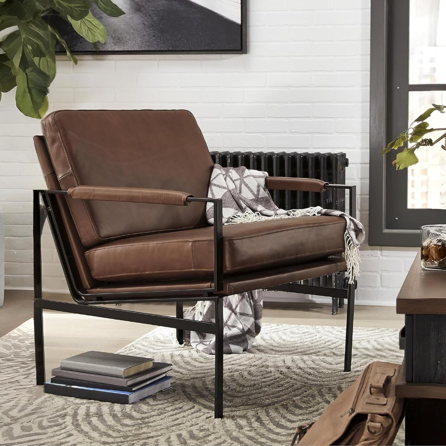 Signature Design by Ashley Puckman Mid-Century Modern Leather Accent Chair, Brown