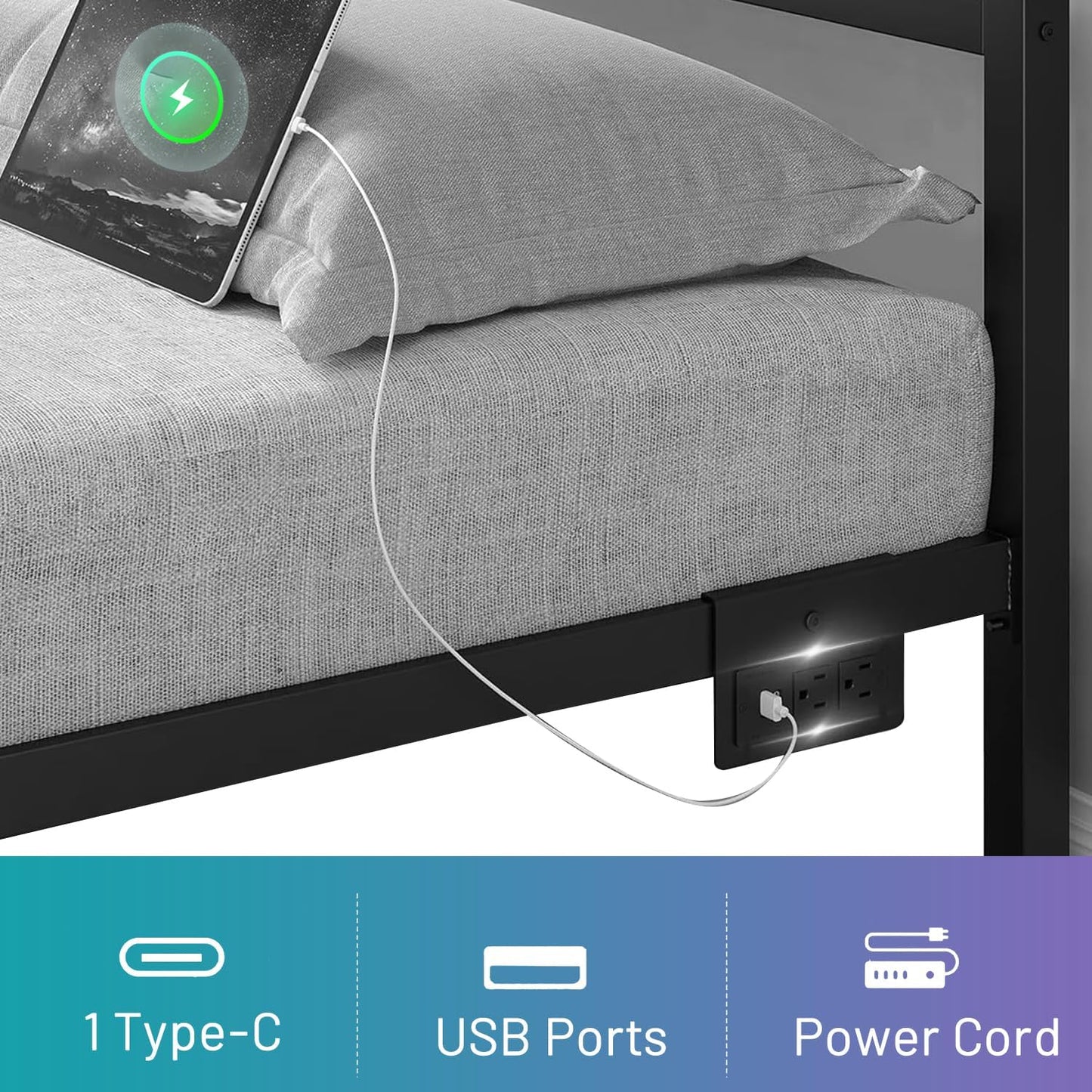 Twin Bed Frame with Headboard,Heavy Duty Steel Slats Support-LED Bed Frame with USB Charging Station,Mattress Foundation-Under Bed Storage,No Box Spring Needed,Noise Free，Black