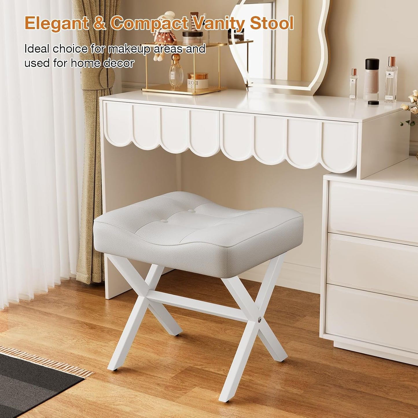 18-Inch Large Leather Vanity Stool, Vanity Chair with Metal X-Leg, Ottoman Foot Stool with Thick Padded Saddle Seat, White