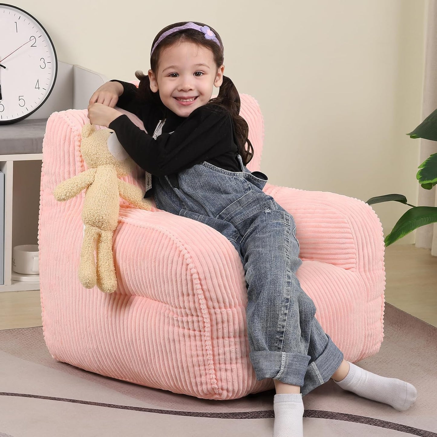 Kids Bean Bag Chair with a Plush Bear, Comfy Toddler Chair for Boys and Girls, Pink