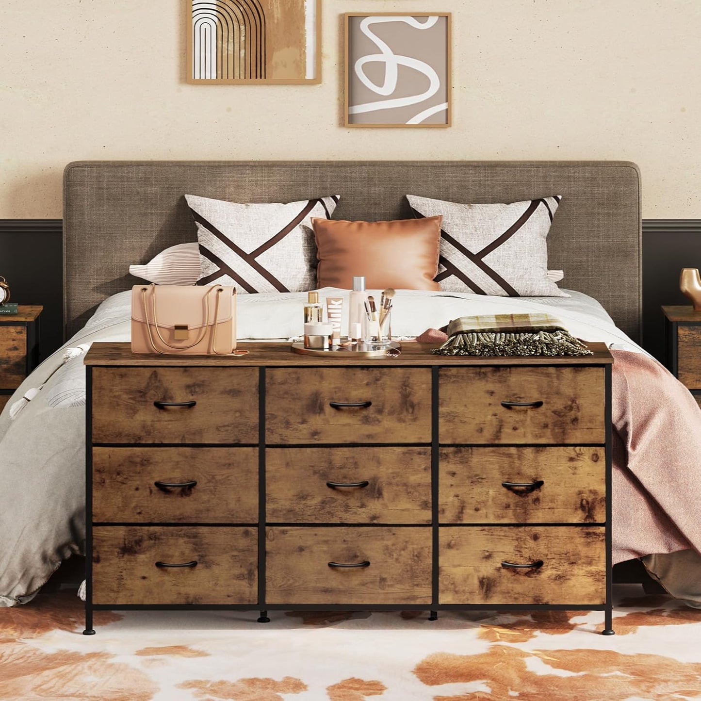 WLIVE 47''W Dresser for Bedroom, Dresser TV Stand for 45, 50, 55 inch TV, Wide Chest of Drawers with 9 Drawer, Large Entertainment Center, Fabric Dressers with Wood Top for Living Room, Rustic Brown