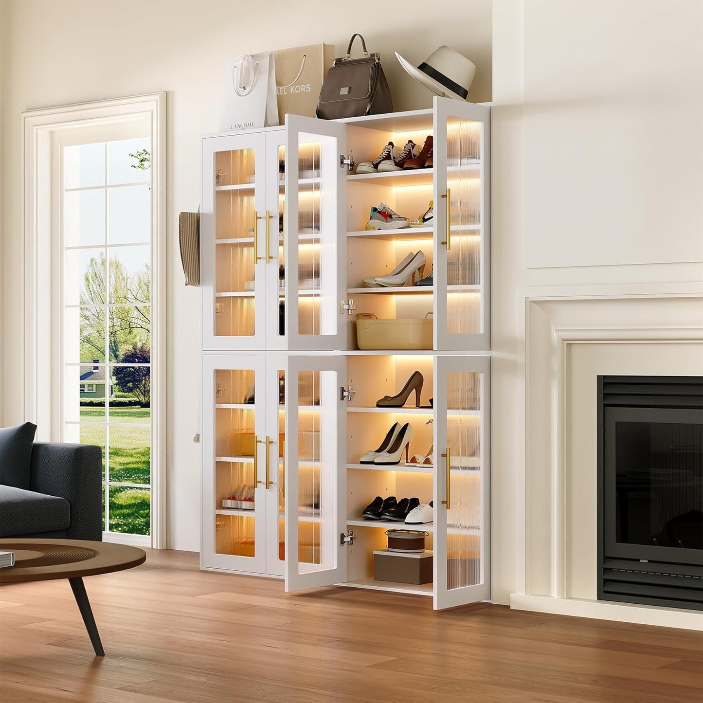 LITTLE TREE Stylish 8-Tier Vertical Shoe Rack with Built-in LED Lighting, Doors for Dust Protection, and Convenient External Hooks, Shoe Cabinet for Entryway, Living Room, Bedroom, White