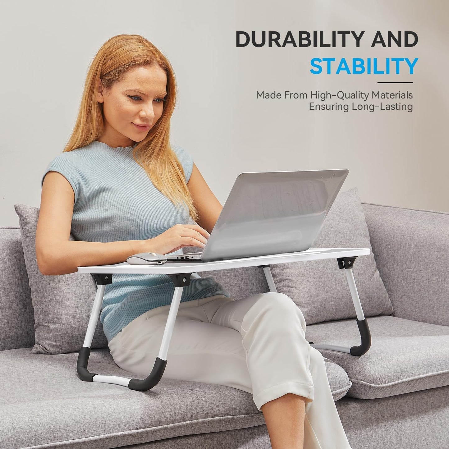 BUYIFY Folding Lap Desk, 23 Inch Portable Wood Grey Laptop Bed Desk Lap Desk with Cup Holder, for Working Reading Writing, Eating, Watching Movies for Bed Sofa Couch Floor