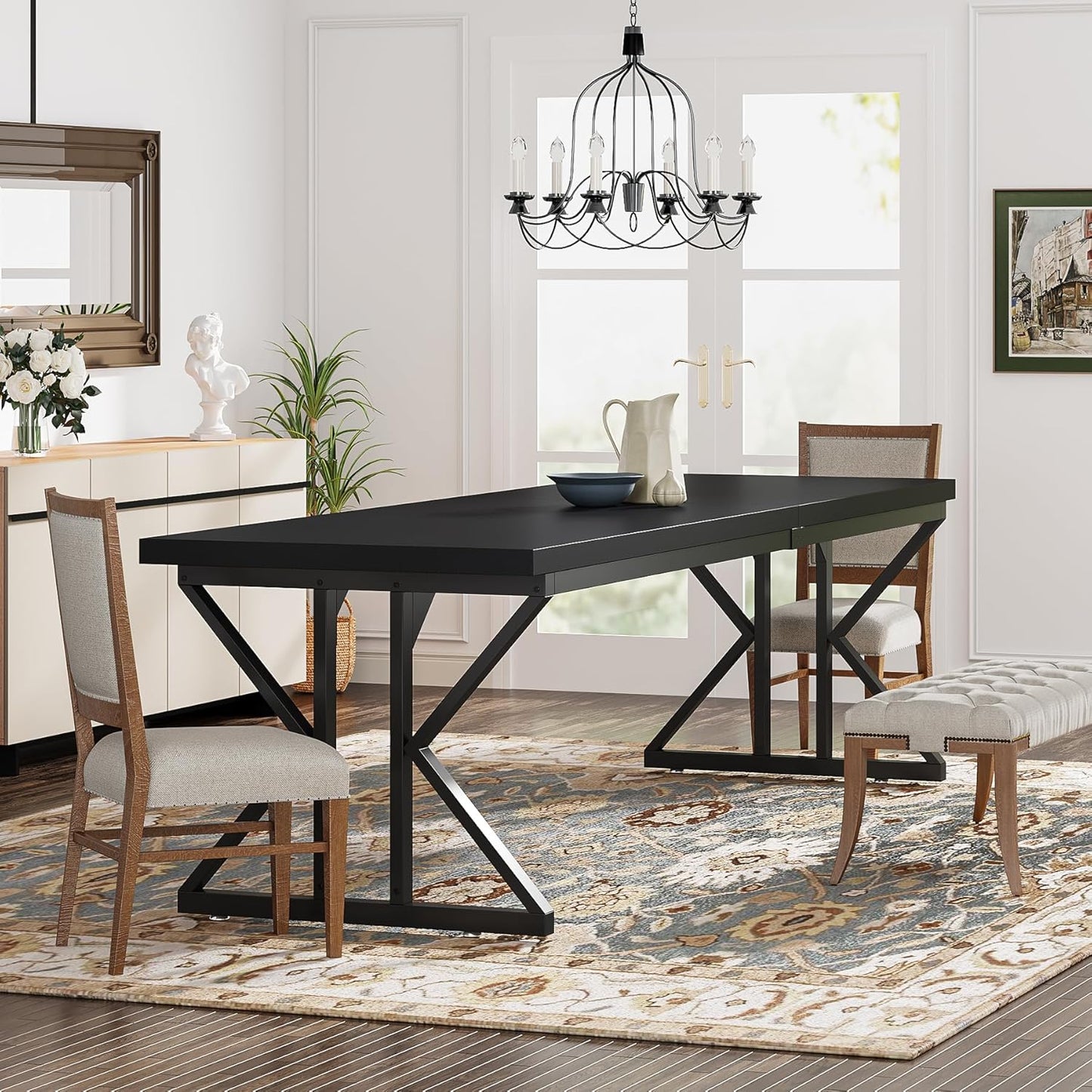 Tribesigns Farmhouse Dining Table for 6 People, 70.8-Inch Rectangular Wood Dining Table, Rustic Kitchen Table with Heavy Duty Metal Legs for Dining Room (Matte Black, 70.8-Inch)