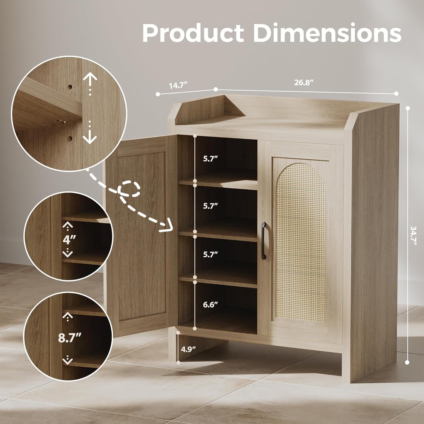 Shoe Cabinet Storage for Entryway, Rattan Storage Cabinet, Wooden Shoe Rack with Doors, Farmhouse Boho Wood Shoe Organizer Cabinet for Hallway (Oak)