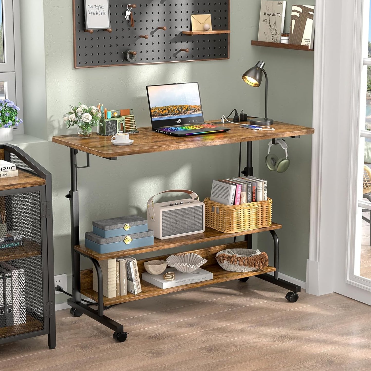39" Height Adjustable Standing Desk with Power Outlets - Manual Rolling Stand Up Desk with Wheels Small Portable Computer Desk Mobile Laptop Table with Storage Shelves for Home Office, Rustic