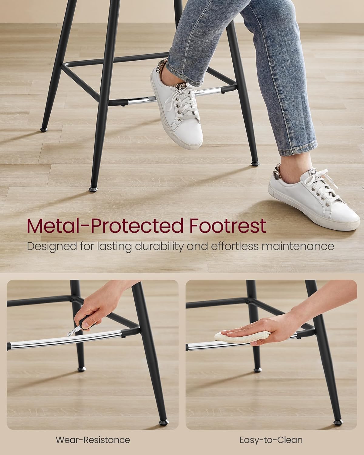 VASAGLE Bar Stools Set of 2, Counter Height Bar Stools with Back, Ergonomic Backrest, Synthetic Leather, Metal Legs, 24.4-Inch Tall Barstools for Kitchen Island Home Bar, Easy Assembly, Caramel Brown