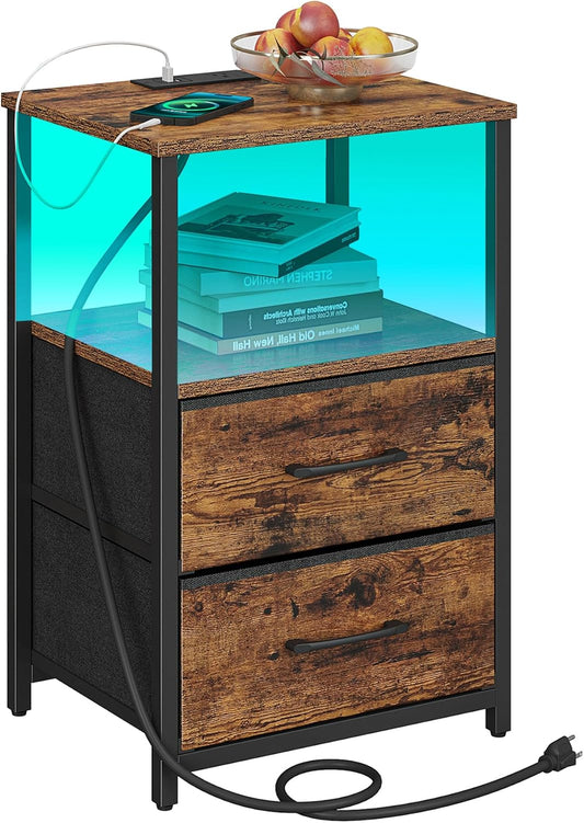 TUTOTAK LED End Table with Charging Station, Night Stand, Side Table with 2 USB Ports and Outlets, Nightstand with Cloth Drawer, Bedside Table for Livingroom, Bedroom Brown TB01BB088L
