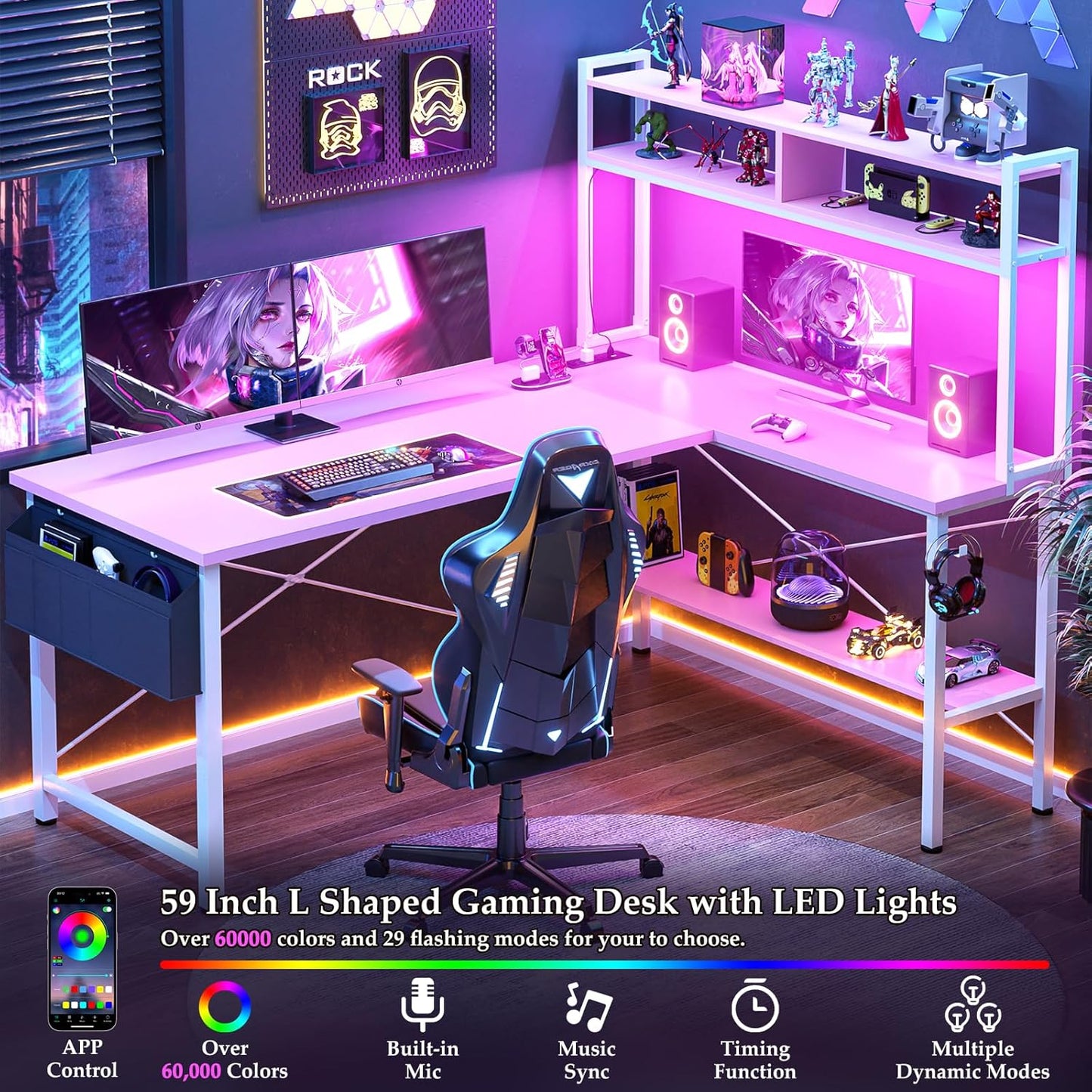 Aheaplus L Shaped Desk Gaming Desk, 59" L Shaped Computer Desk with LED Light & Power Outlet, Reversible Home Office Desk Gamer Desks with Shelves & Storage Bag & Hooks, Corner PC Desk, Pink
