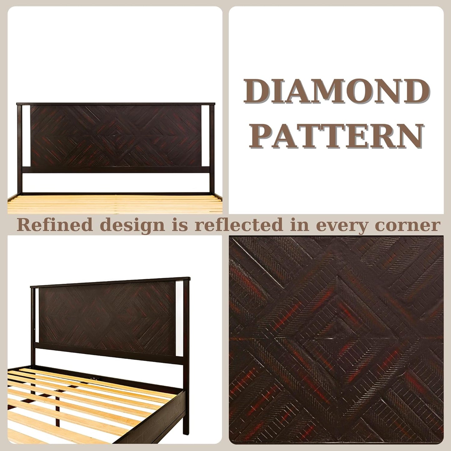 Bme Ethan King Size Bed Frame with Diamond Headboard, Rustic Mid-Century Modern, Solid Acacia Wood, No Box Spring Needed, Slat Support, Rustic Black