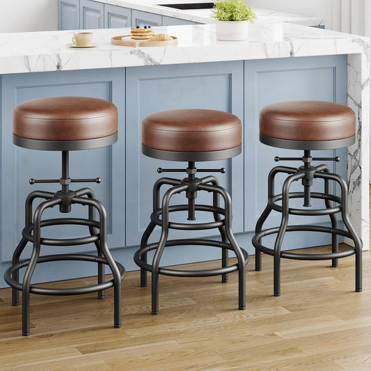 Adjustable Height Swivel Bar Stools Set of 3, 22-29 Inch Industrial Vintage Bar Counter Height Stools with Thicken Premium Bonded Leather Seats & Updated Footrests, Easy Assembly, Brown